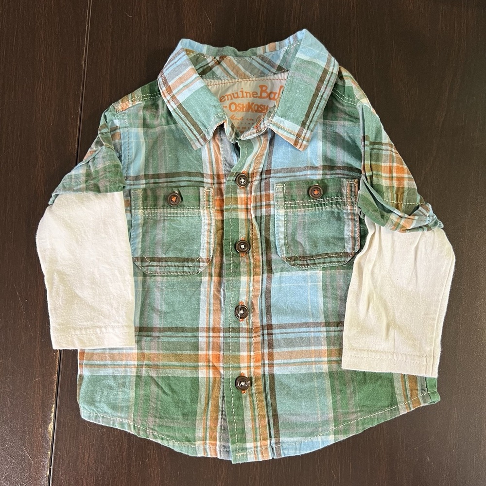 OshKosh B'gosh Genuine Baby Plaid Shirt Layered Sleeve Boys 6M Cotton